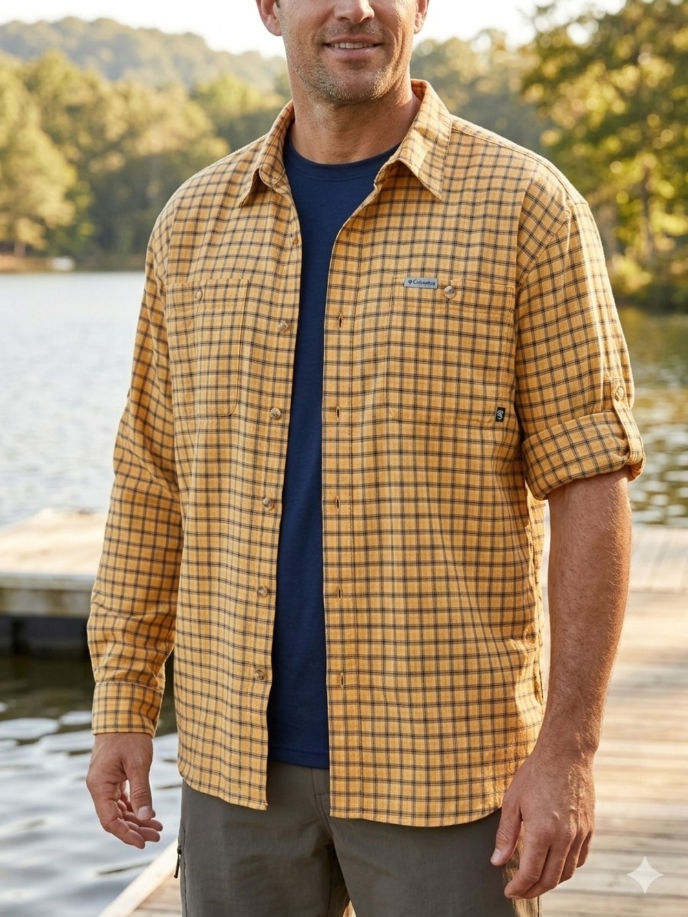 Columbia Men's XL Plaid L/S Utility Tab Sleeve Shirt Mustard Blue GRT Tech EUC